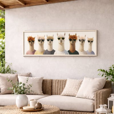 UNUS® Wandbeeld alpacas met shirt en zonnebril 3D 120x40 cm Wall art - Schilderijen - wanddecoratie muurdecoratie - Woonkamer - keuken - hal - Kinderkamer - Tienerkamer - beeldjes voor binnen - dier - humor