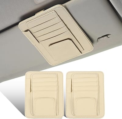 Famanu – Set van 2 auto zonneklep organizers - multifunctionele zonnebril- en kaarthouder - eenvoudige bevestiging - beige