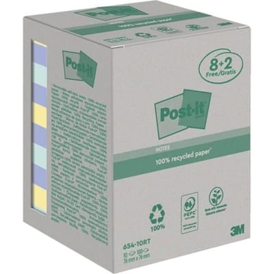 Post-it® sticky notes Recycling Notes 654-RCP10, B 76 x D 76 mm, PEFC® papier, gekleurd, 8 + 2 pads, 100 vellen/pad
