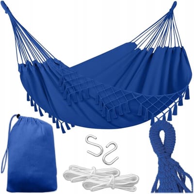 Hangmat Outdoor - Boho Lounger - Ontspannen Buiten - Met Franjes - 190x150 cm - Blauw