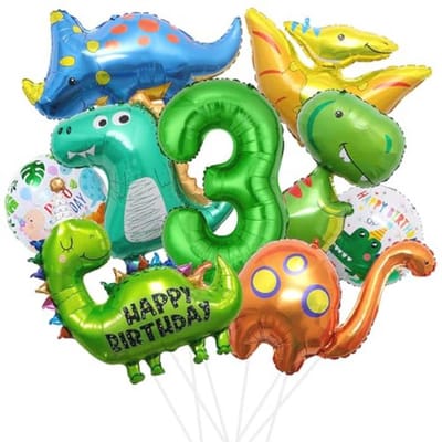Thijox - XXL Dinosaurus Verjaardagsdecoratie Set voor Kinderen, 3 Jaar Folieballon met Tyrannosaurus, Brontosaurus, Triceratops, Dinosaurus Ballonnen