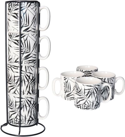 Secret de Gourmet Koffie mokken/bekers Botanic - zwart - 8x stuks in rekje - Keramiek - glans afwerking - 240 ml - 7 x 8 cm