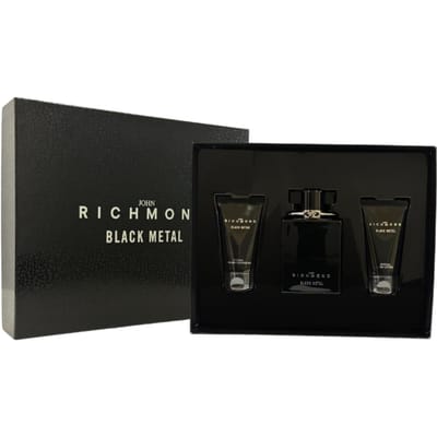 Ensemble John Richmond: Métal Noir, Naturel, Nettoyant, Gel Douche, 50 ml + Métal Noir, Lait Corporel, 50 ml + Métal Noir, Eau De Parfum, Pour Hommes, 100 ml