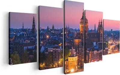 Artaza Canvas Schilderij Vijfluik Amsterdam Skyline Bij Zonsondergang - 100x50 cm - Wanddecoratie Woonkamer - Schilderijen - Muurdecoratie