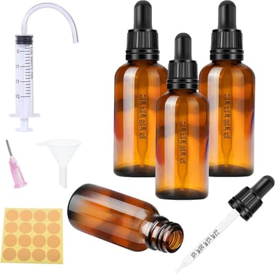Pipetfles 30 ml - Set van 4 stuks inclusief accessoires voor aromatherapie - Voor etherische oliën en geurstoffen - Bruine apothekersfles