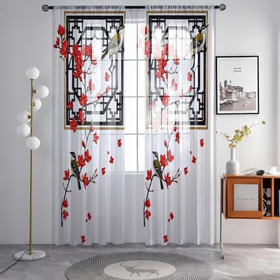 2 pièces HD numérique style ancien rouge Aile Prune Figurine Imprimé Voile de Fenêtre Style Décoration Intérieure Décoratif Salon Chambre R W52H63inchW132H160cm white