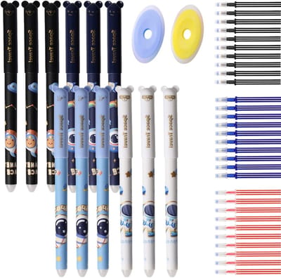 Allecto Plus - 12-delige set uitwisbare pennen met astronautenontwerp - 0.5mm balpen met 30 navullingen - ideaal voor school en kantoor.