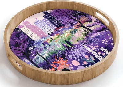Dienblad rond 40x40 cm - Schootdienblad hout - Park - Bomen - Bloemen - Gebouwen - Borrelplank rechthoek - Plateau houten dienbladen