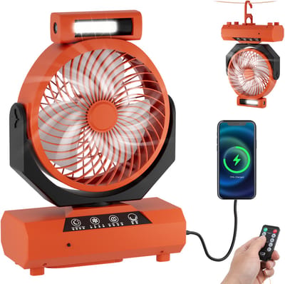 Campingventilator met LED-licht en powerbank - Ventilator - 20000 mAh - Mini Ventilator - Tafelventilator - Kleine Ventilator - Draagbare Ventilator - Handventilator - LED Verlichting & Powerbank - USB Oplaadbaar - Met afstandsbediening - Oranje