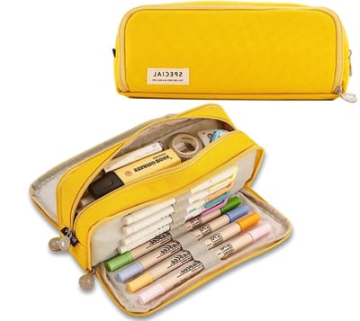 *** Groot pennenetui met 3 vakken - voor meisjes en jongens - ideaal voor school, kantoor en make-up - inclusief visitekaartjeshouder - perfect cadeau in vrolijk geel - van Heble® ***
