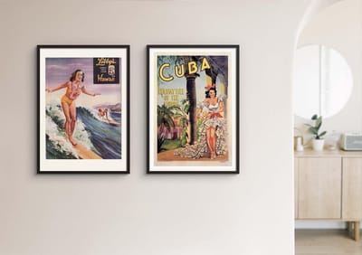 Fotowand Vintage Reisposters - Cuba & Hawaii - Poster Set van 2 - Surfing Retro - 70x50 cm - Travel Wanddecoratie