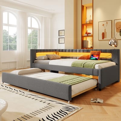 Komhtom Rustbed, slaapbank, 90*200 cm, bed met LED-lichtbalk met afstandsbediening aan het voeteneinde, bed met uitschuifbaar bed zonder matras, USB + TYPE-C, lakens, grijs