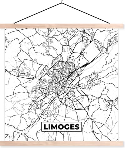 Posterhanger incl. Poster 40x40 cm - Schoolplaat - Frankrijk - Limoges - Plattegrond - Stadskaart - Kaart - Zwart wit - Textielposter - Blanke latten - Stadskaart