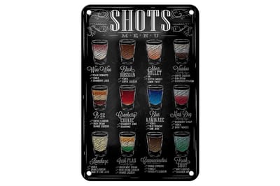 Blechschild Alkohol 12x18cm Shots Menu Woo Black russian