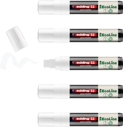 edding 52 EcoLine lakmarker op waterbasis wit 5 stuks - brede beitelpunt 4-15 mm - laag VOS-gehalte - navulbaar - geschikt voor o.a. gladde, donkere en transparante oppervlaktes