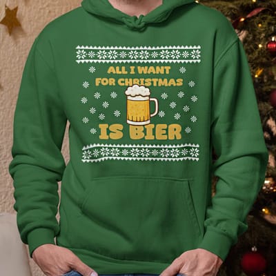 Foute Kerst Hoodie Groen All I Want For Christmas Is Beer XS - Uniseks Pasvorm - Kerstkleding Voor Dames & Heren