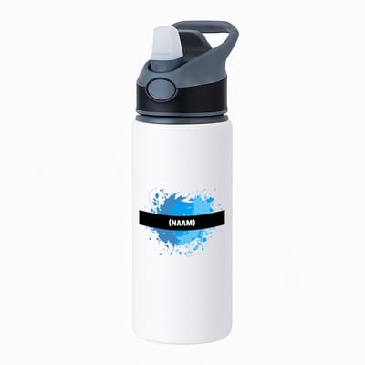 Hacebo® - blauwe verfvlek met eigen naam waterfles met rietje zwart - Kunst - kunstenaars/kunstenaressen - verjaardag - mensen die houden van verven - cadeau - kado - geschenk - gift - water fles - 650ML