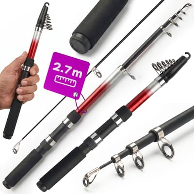 Telescopische hengel 2,7m rood-zwarte kleur, universele glascomposiet blank, sterke flexibele hengel voor lange worpen, EVA schuim handvat, compacte transportlengte 58cm, zoetwaterhengel voor