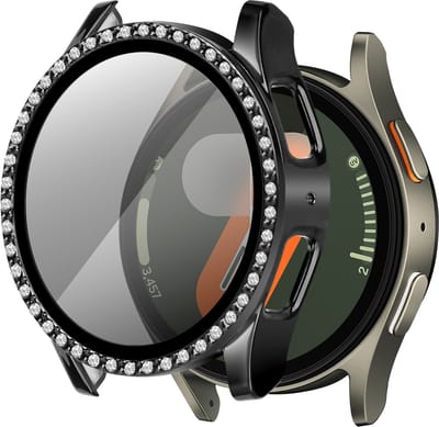 Bandz Diamond hoesje met screenprotector geschikt voor Samsung Galaxy Watch 7 - 44mm case - hardplastic beschermhoes - glazen screen protector - Full cover case + screenprotector (zwart)