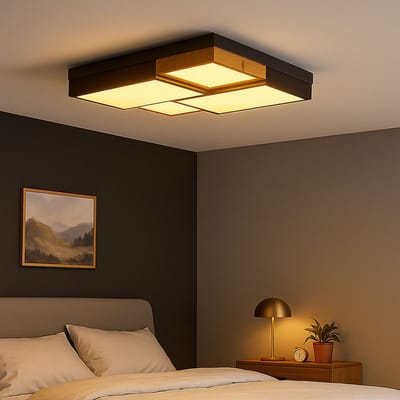 LED plafondlamp slaapkamerlamp houtlook woonkamerlamp, metaal MDF kunststof, trapschakelaar, 50W 3000lm warm wit, LxBxH 60x60x9 cm