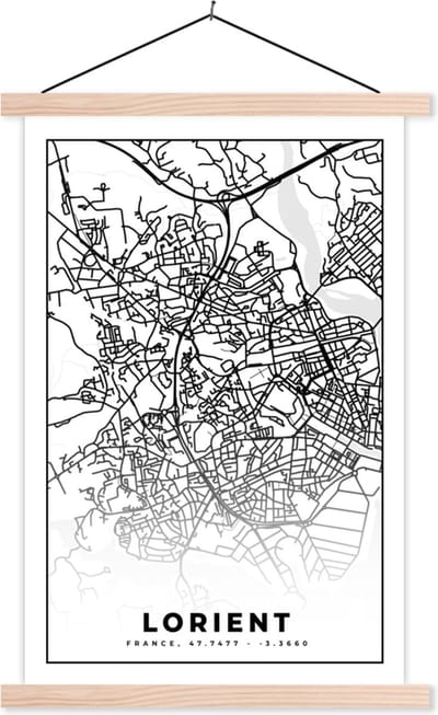 Posterhanger incl. Poster 40x60 cm - Schoolplaat - Plattegrond - Lorient - Kaart - Frankrijk - Stadskaart - Zwart wit - Textielposter - Blanke latten - Stadskaart