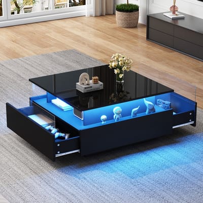 Moderne salontafel 70x70x41 cm - met LED-verlichting - 2 lades en transparante display - zwart