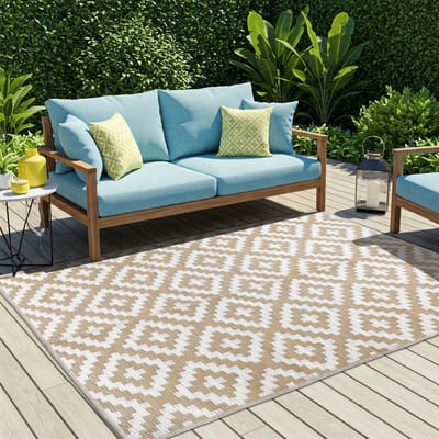 Tapiso Ibiza Buitenkleed Beige Outdoor Vloerkleed Buitenmat Voor Balkon Terras Picknickkleed Maat- 90x150