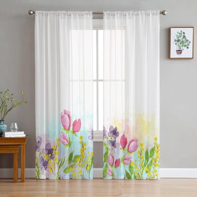 Zomerbloemen Aquarel Transparant Gordijn voor Woonkamer Hal Muur Aankleding Home Raam Benodigdheden Pop Print Tule Gordijnen 135W x 114H(cm) white