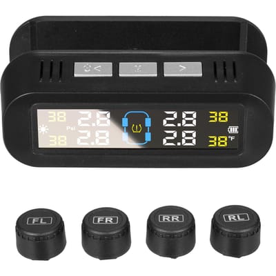 Bandenspanningscontrolesysteem met 4 externe sensoren, Bandenspanningsmonitor op zonne-energie, Auto aan/uit zwart