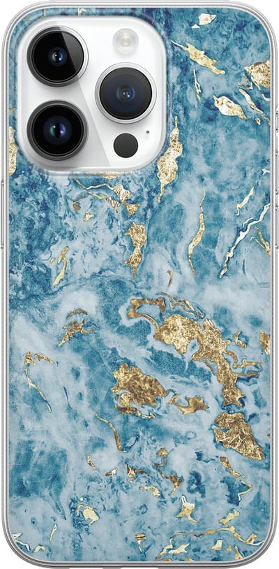 Leuke Telefoonhoesjes - Hoesje geschikt voor iPhone 14 Pro - Goud blauw marmer - Soft case - TPU - Marmer - Blauw, Goud