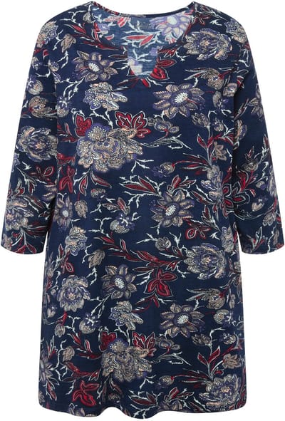 Ulla Popken - Dames - Longshirt bloemen A-lijn tuniekhalslijn 3/4-mouwen - Marine - Maat 66+