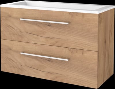 Basic Start 46 badmeubelset met wastafelonderkast met grepen, 2 lades en acryl wastafel met 2 kraangaten 100 x 46 cm, whisky oak