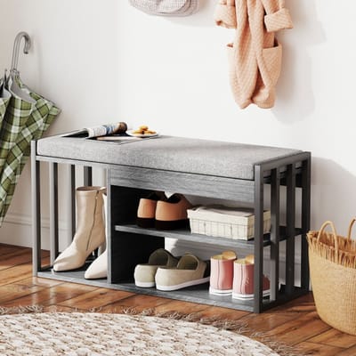 MODFU - Schoenenbank - 3-Laags Open Opbergontwerp - Modern - Voor Hal Of Entree - Hout En Metaal - Grijs - 86 x 30 x 45,4 cm
