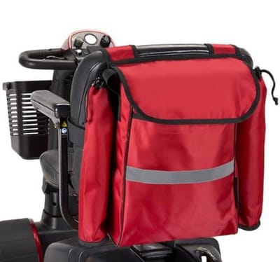 Opberg- en boodschappentas voor scootmobiel met kruk-/wandelstokhouders, reflecterende strip, rood