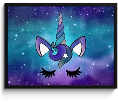 Poster in lijst - Fotolijst 80x60 cm - Posters - Eenhoorn - Sterrenhemel - Ster - Blauw - Posterlijst zwart - Decoratie - Wanddecoratie woonkamer - Muurdecoratie slaapkamer