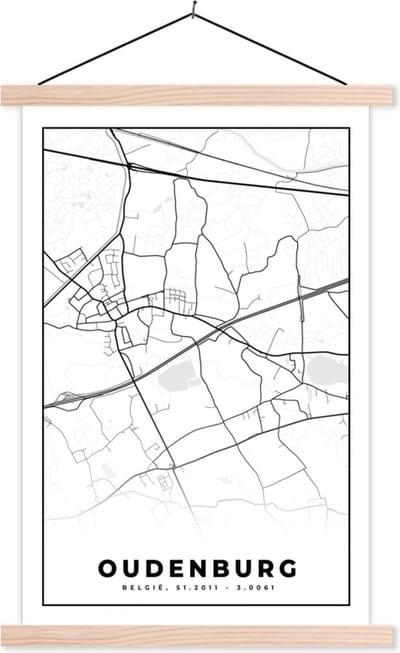 Posterhanger incl. Poster 40x60 cm - Schoolplaat - Zwart Wit – België – Plattegrond – Stadskaart – Kaart – Oudenburg - Textielposter - Blanke latten - Stadskaart