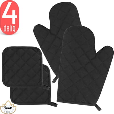 Tavas DREAM Ovenwanten Set - Zwart- 2 Ovenhandschoen en 2 Pannenlappen Hittebestendig Katoen, Thermolite tot 250°C