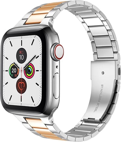 By Qubix - Geschikt voor Apple Watch bandje - Stalen schakelband - Zilver met champagne goud - Geschikt voor Apple Watch 38mm / 40mm / 41mm / 42mm - stalen bandje