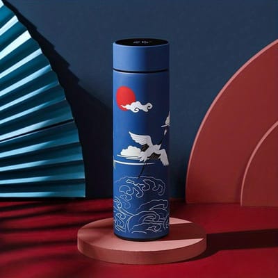 Bouteille d'eau thermique de Style chinois, tasse isolée rétro avec affichage intelligent de la température, tasse d'eau en acier inoxydable 1 pièce 500ml bleu