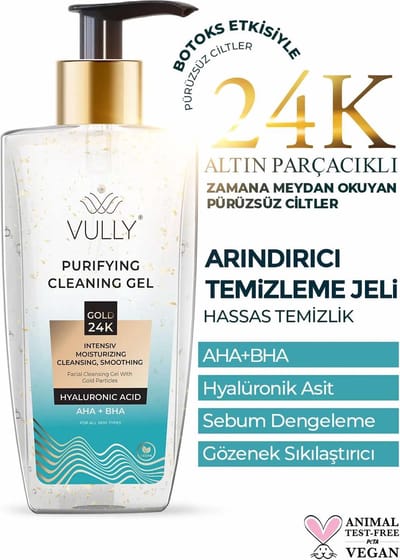 VULLY Purifying Cleaning Gel – AHA + BHA Gezichtsreinigingsgel met Hyaluronzuur & 24K Gouden Deeltjes – Intensief Zuiverend, Hydraterend & Poriënverstevigend – 200 ml