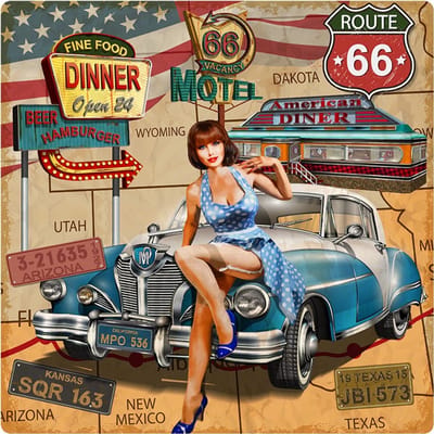 Signs USA - retro wandbord - dibond - Route 66 Motel Pin Up Car - 35 x 35 cm