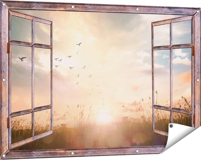 Gards Tuinposter Doorkijk Silhouet Vogels tijdens Zonsopkomst - 120x80 cm - Tuindoek - Tuindecoratie - Wanddecoratie buiten - Tuinschilderij