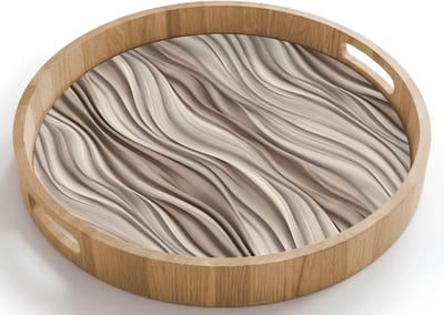 Dienblad rond 40x40 cm - Schootdienblad hout - Golven - 3D - Crème - Borrelplank rechthoek - Plateau houten dienbladen