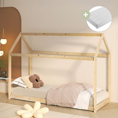 Sunny Zoey Bedhuisje – Kinderbed 206 x 98 x 154 cm – Peuterbed Meisjes en Jongens – FSC 100% Hout – Huisbed 90x200 - Met Lattenbodem - Inclusief Matras – Naturel
