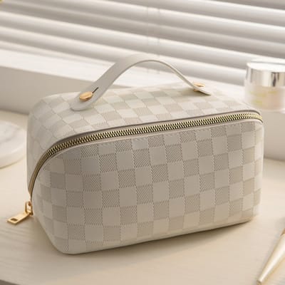 KZQ Grote opbergtas met ruitpatroon - tote bag - cosmetische tas - plat ontwerp - met zakken en rits - draagbare reistas voor cosmetica en toilettassen, stijlvolle opbergtas voor dames