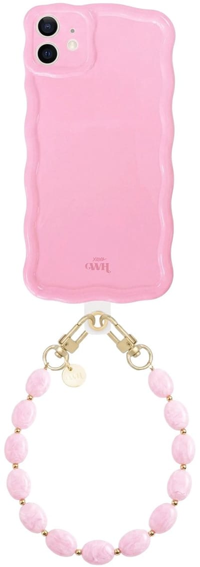 xoxo Wildhearts Glossy Wavy Case Bubble Blush - Ocean Blush (kort koord) - geschikt voor iPhone 12 - hoesje met telefoonkoord - afneembaar koord - Kralenketting - kort telefoonkoord - hoesje met golven - Roze
