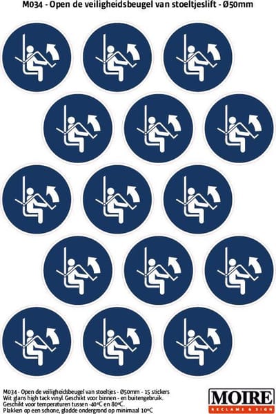 Pictogram sticker 75 stuks M034 - Open de veiligheidsbeugel van stoeltjeslift - 50 x 50 mm - 15 stickers op 1 vel