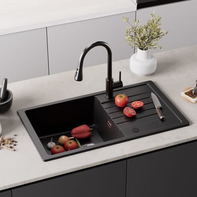 CECIPA max Granieten Spoelbakken 78x45CM - Spoelbak Keuken - Spoelbakken Met Keukenkraan - Enkele Spoelbak - Spoelbak Met Afdruiprek - Spoelbakken Incl. Sifon en Afvoerzeefje