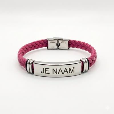 Armband met graveer, Armband met naam, Armband met gravure roze - gevlochten band - naamplaatje - gepersonaliseerd, Armband met naamplaatje ,graveerarmband