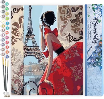 Figured'Art Schilderen op Nummer Volwassenen canvas Mooie vrouw en Eiffeltoren - Handwerk acrylverf Kit DIY Compleet - 40x50cm zonder frame